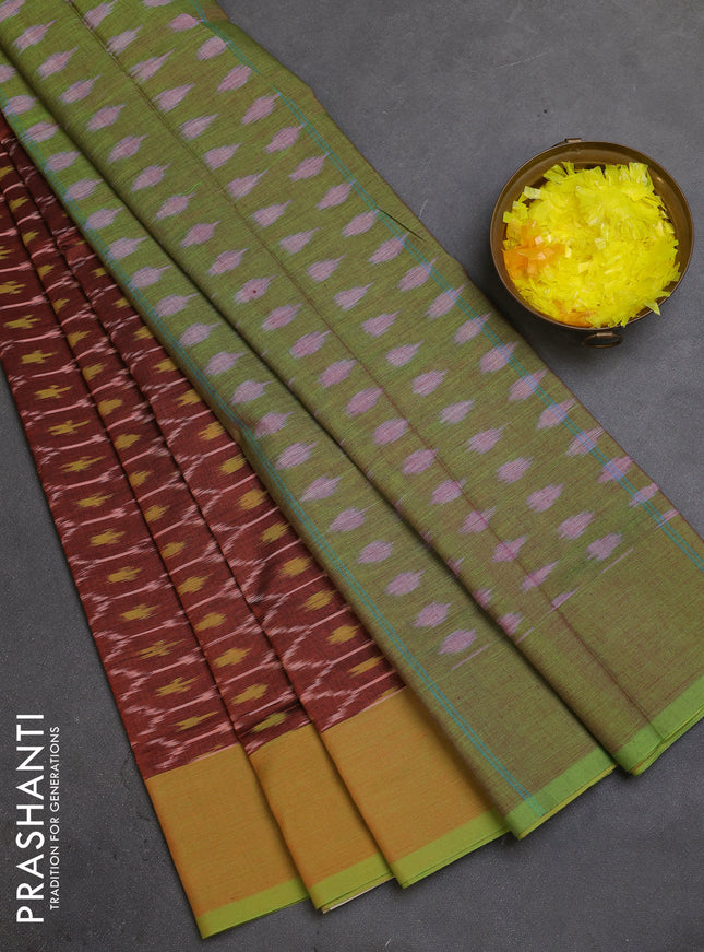 Ikat cotton saree rust shade and dual shade of green with allover ikat weaves and simple border