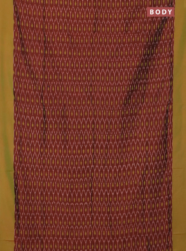 Ikat cotton saree rust shade and dual shade of green with allover ikat weaves and simple border