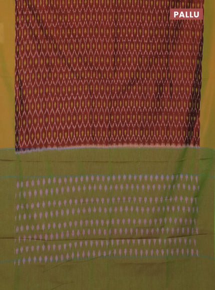 Ikat cotton saree rust shade and dual shade of green with allover ikat weaves and simple border
