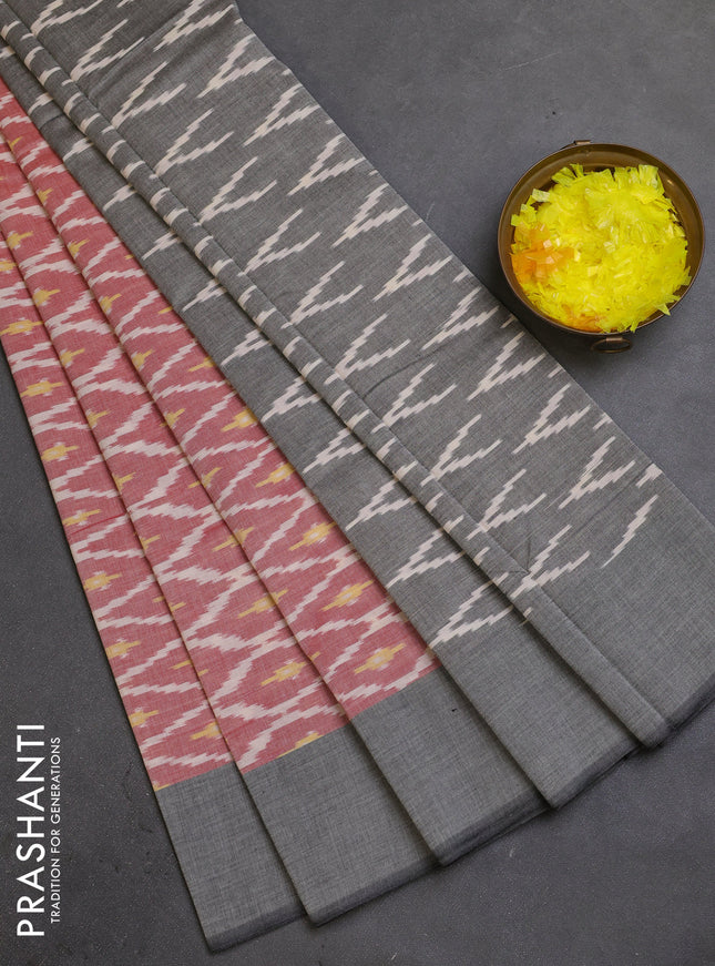 Ikat cotton saree red shade and grey with allover ikat weaves and simple border