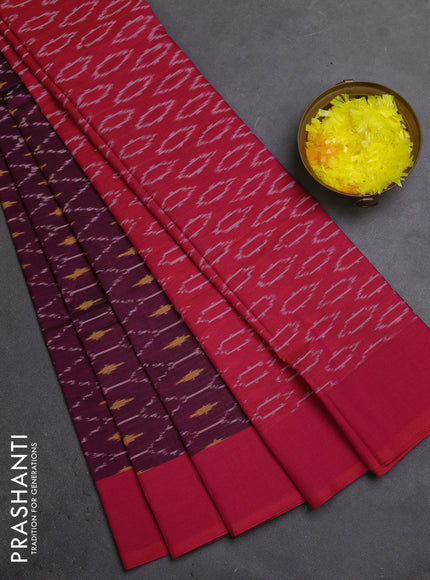 Ikat cotton saree wine shade and maroon with allover ikat weaves and simple border