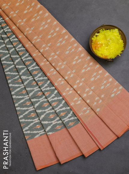 Ikat cotton saree green shade and orange with allover ikat weaves and simple border
