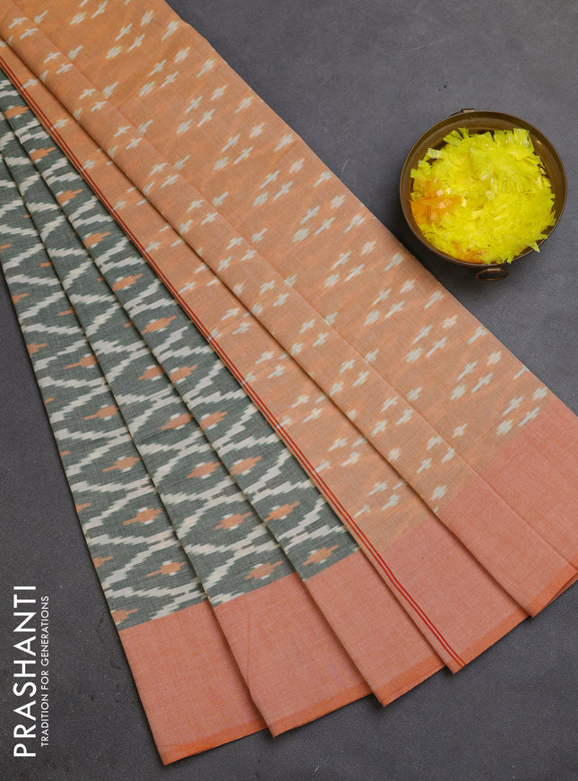 Ikat cotton saree green shade and orange with allover ikat weaves and simple border