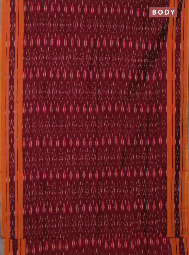 Ikat cotton saree maroon and dark mustard with allover ikat weaves and rettapet ikat border