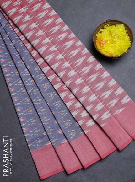 Ikat cotton saree blue and red shade with allover ikat weaves and simple border