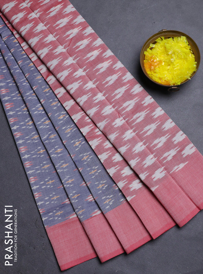 Ikat cotton saree blue and red shade with allover ikat weaves and simple border