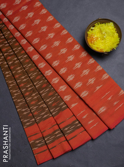 Ikat cotton saree dark mustard and dual shade of orange with allover ikat weaves and rettapet ikat border