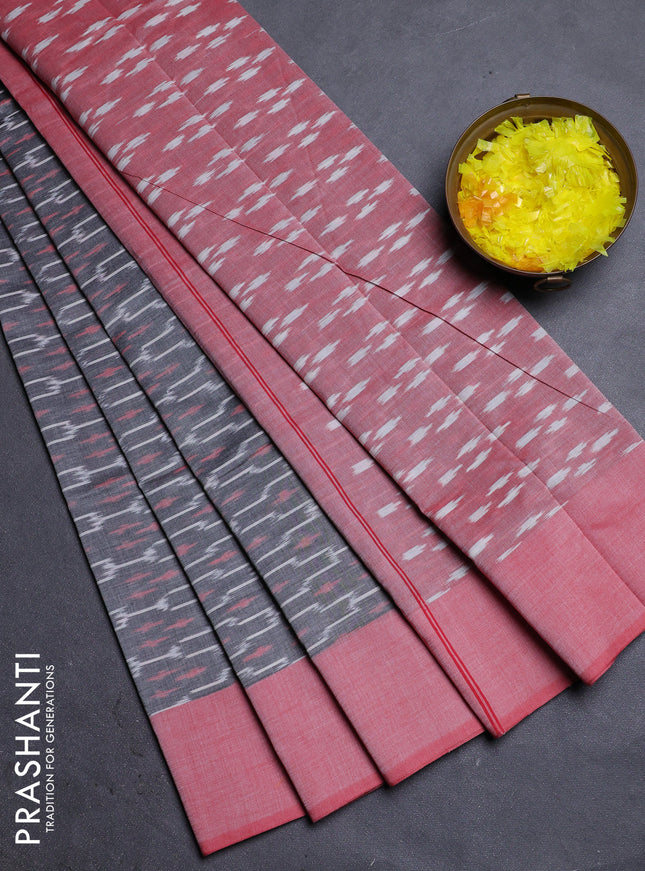 Ikat cotton saree grey and red shade with allover ikat weaves and simple border