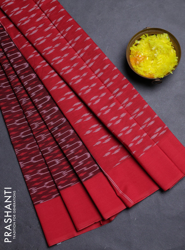 Ikat cotton saree maroon and red with allover ikat weaves and simple border