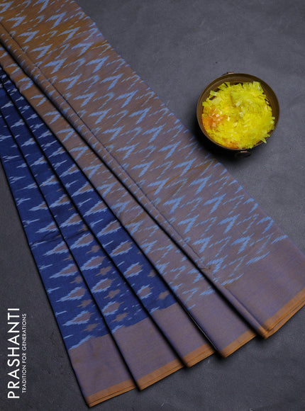 Ikat cotton saree blue and dark mustard with allover ikat weaves and simple border
