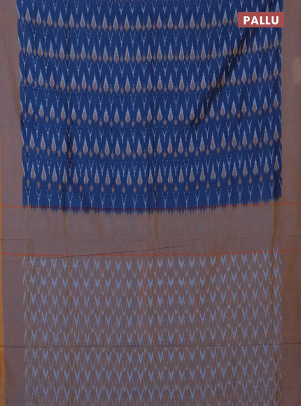 Ikat cotton saree blue and dark mustard with allover ikat weaves and simple border
