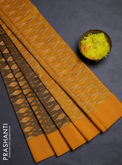 Ikat cotton saree dark mustard and yellow with allover ikat weaves and simple border