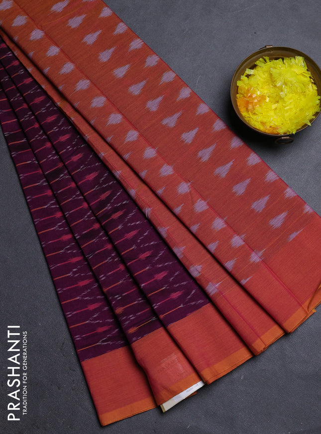Ikat cotton saree purple and dual shade of dark mustard with allover ikat weaves and simple border