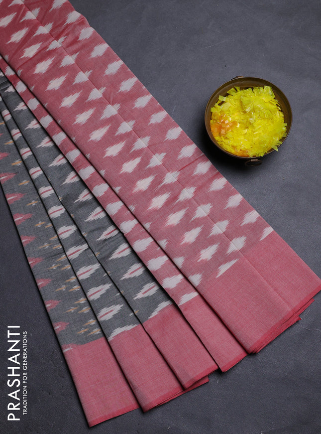 Ikat cotton saree grey and red shade with allover ikat butta weaves and simple border
