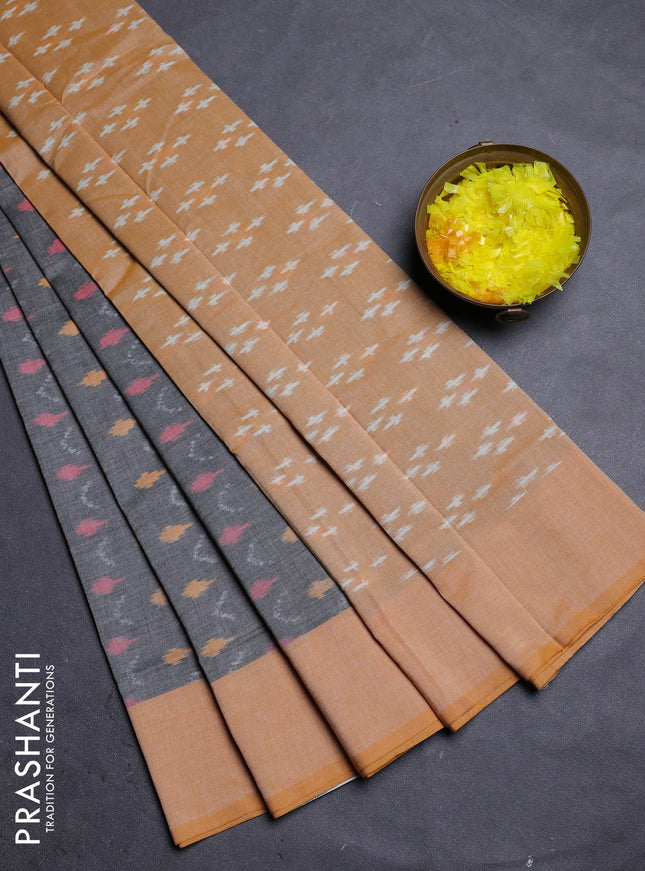 Ikat cotton saree grey and yellow with allover ikat weaves and simple border