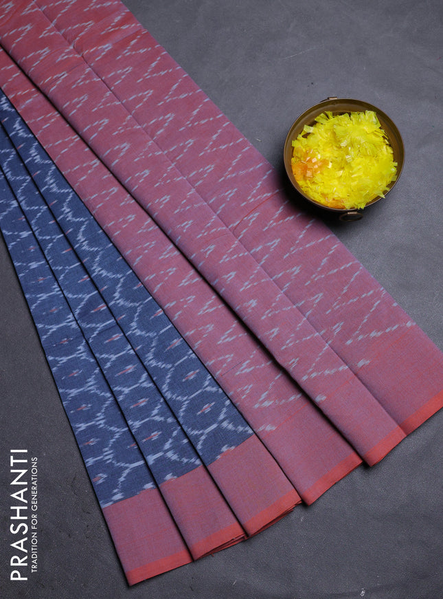 Ikat cotton saree bluish grey and rust shade with allover ikat weaves and rettapet ikat border