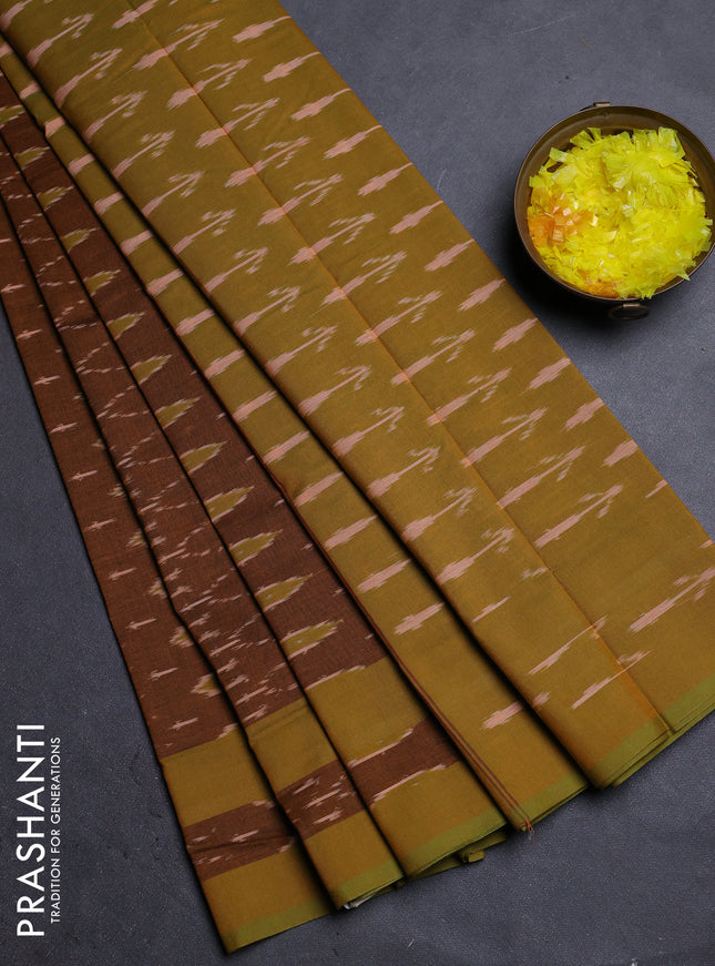 Ikat cotton saree dark mustard and mustard green with allover ikat weaves and rettapet ikat border