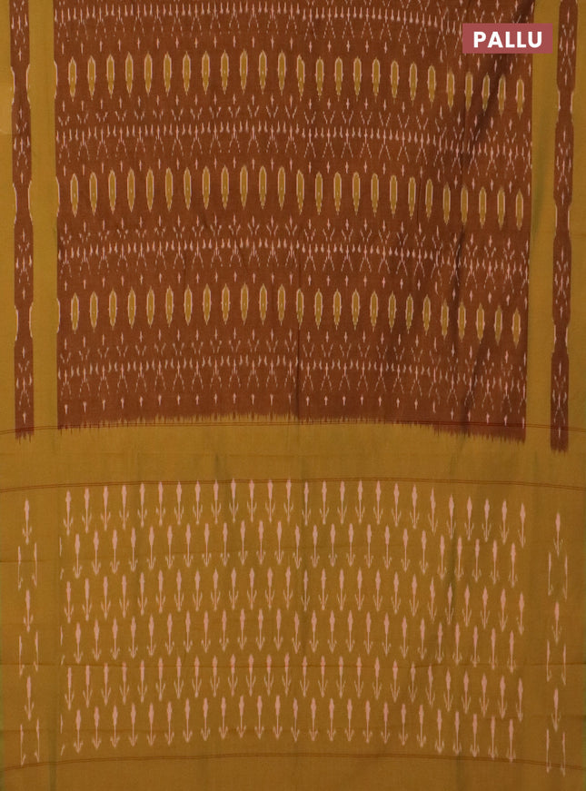 Ikat cotton saree dark mustard and mustard green with allover ikat weaves and rettapet ikat border