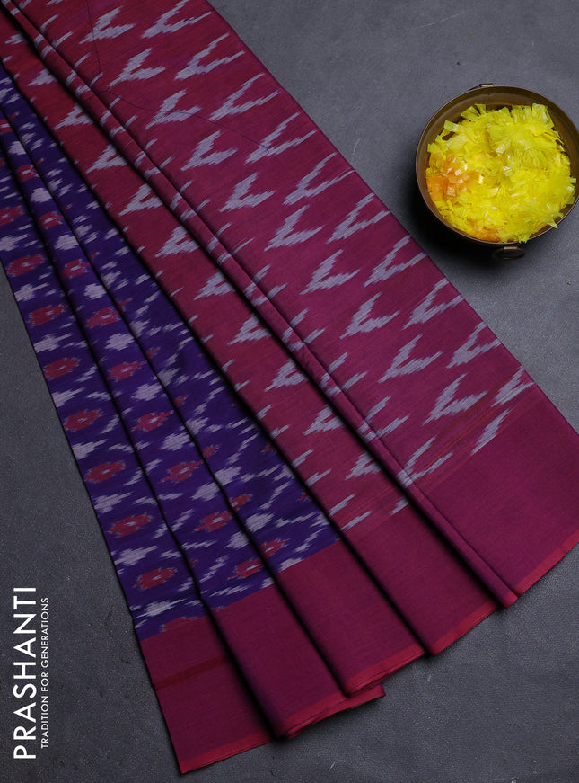 Ikat cotton saree dual shade of blue and maroon with allover ikat weaves and simple border