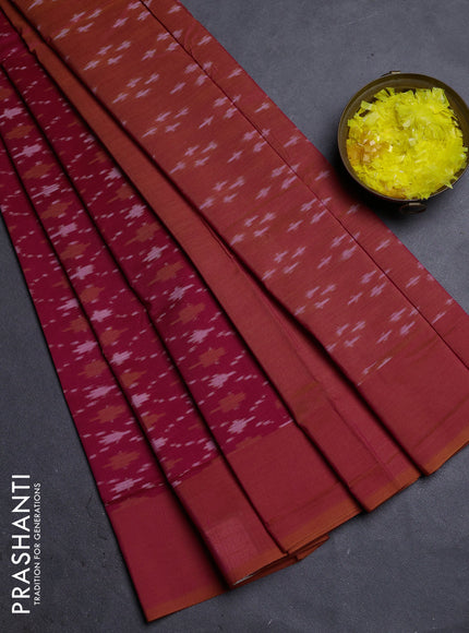 Ikat cotton saree reddish pink and sunset orange with allover ikat weaves and simple border