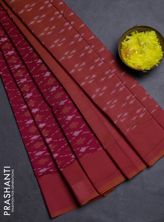 Ikat cotton saree reddish pink and sunset orange with allover ikat weaves and simple border