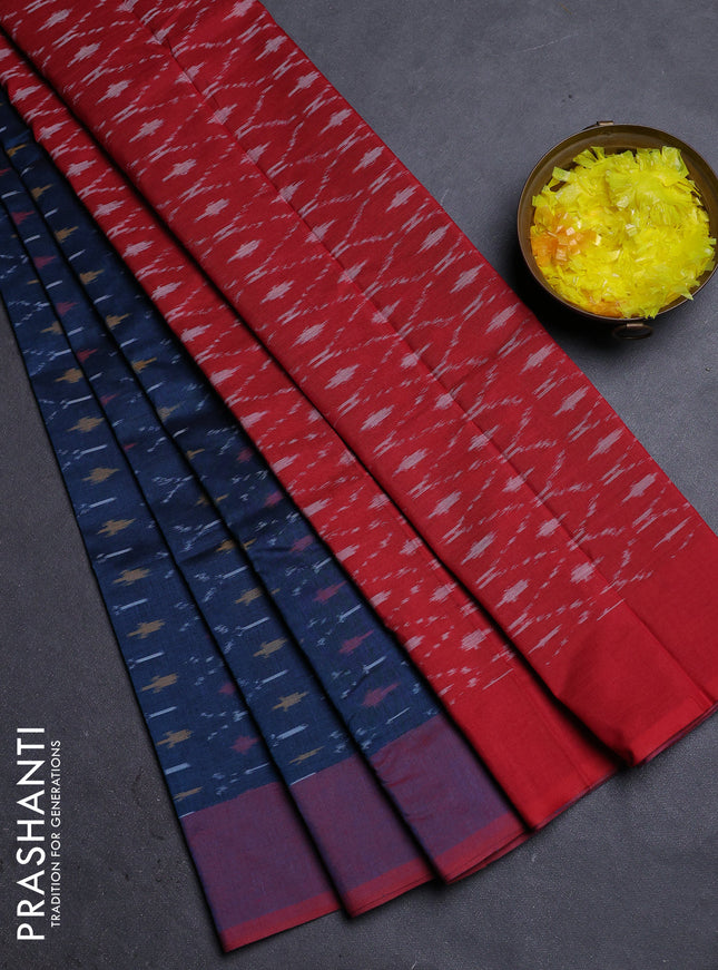 Ikat cotton saree peacock bluw and red with allover ikat weaves and simple border