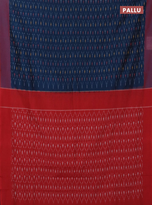 Ikat cotton saree peacock bluw and red with allover ikat weaves and simple border