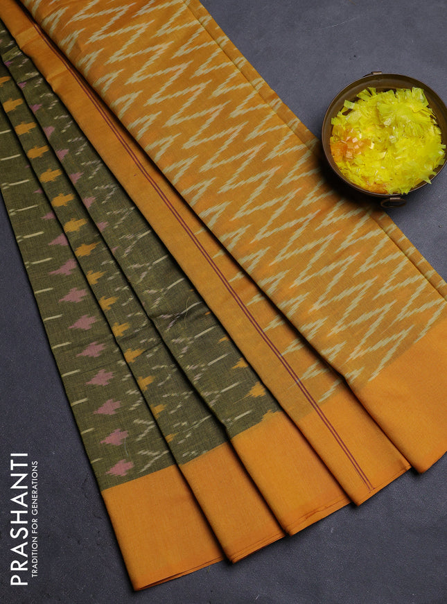 Ikat cotton saree mehendi green and mango yellow with allover ikat weaves and simple border