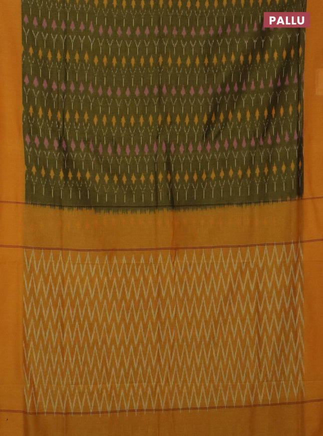 Ikat cotton saree mehendi green and mango yellow with allover ikat weaves and simple border