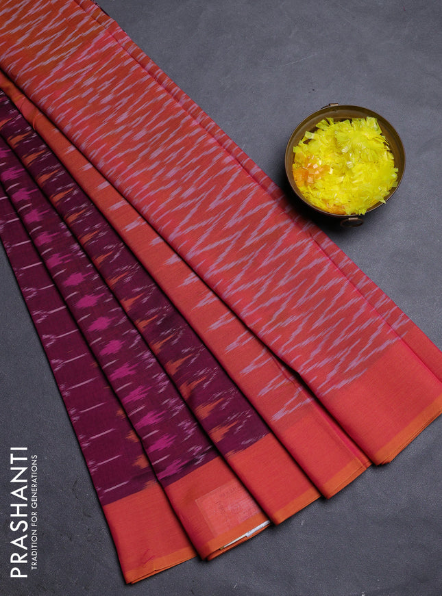 Ikat cotton saree dark magenta and sunset orange with allover ikat weaves and simple border