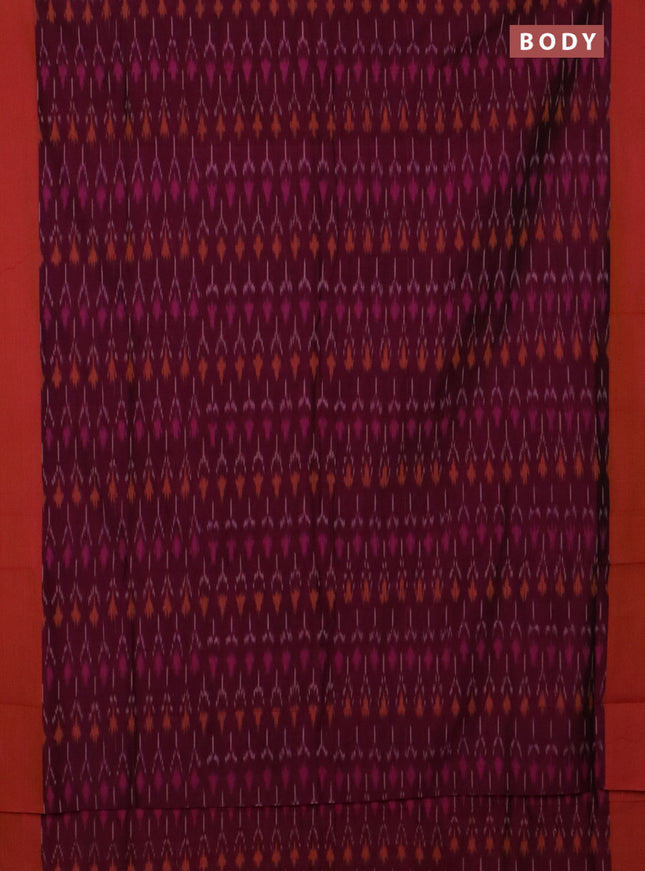 Ikat cotton saree dark magenta and sunset orange with allover ikat weaves and simple border