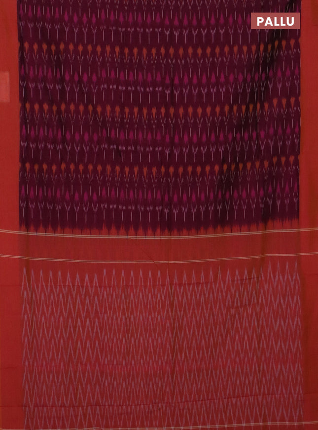 Ikat cotton saree dark magenta and sunset orange with allover ikat weaves and simple border