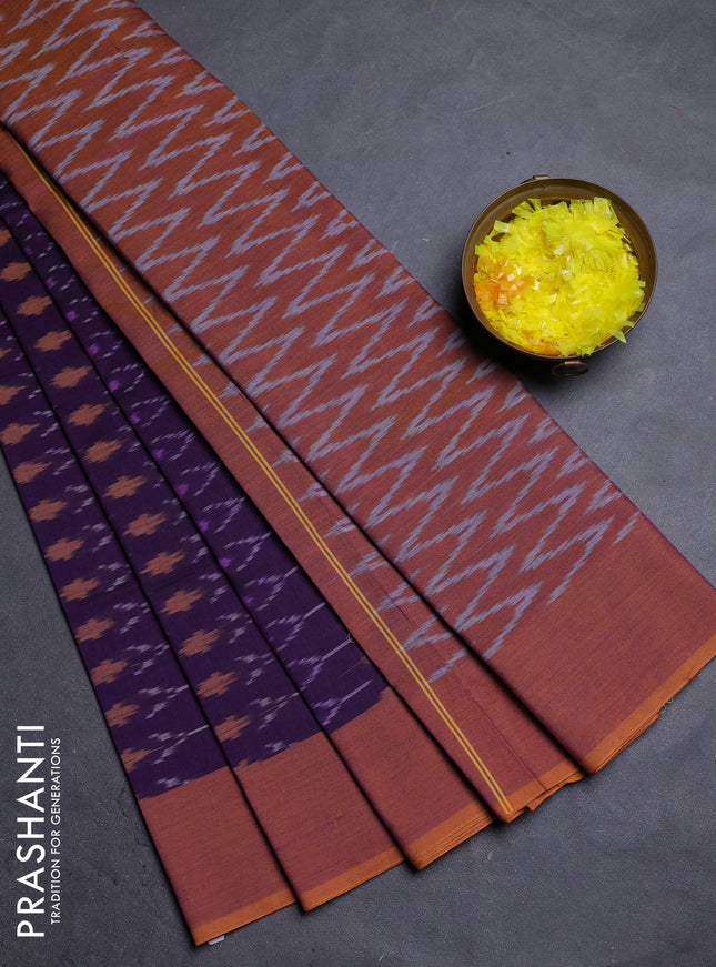 Ikat cotton saree violet and dark mustard with allover ikat weaves and simple border