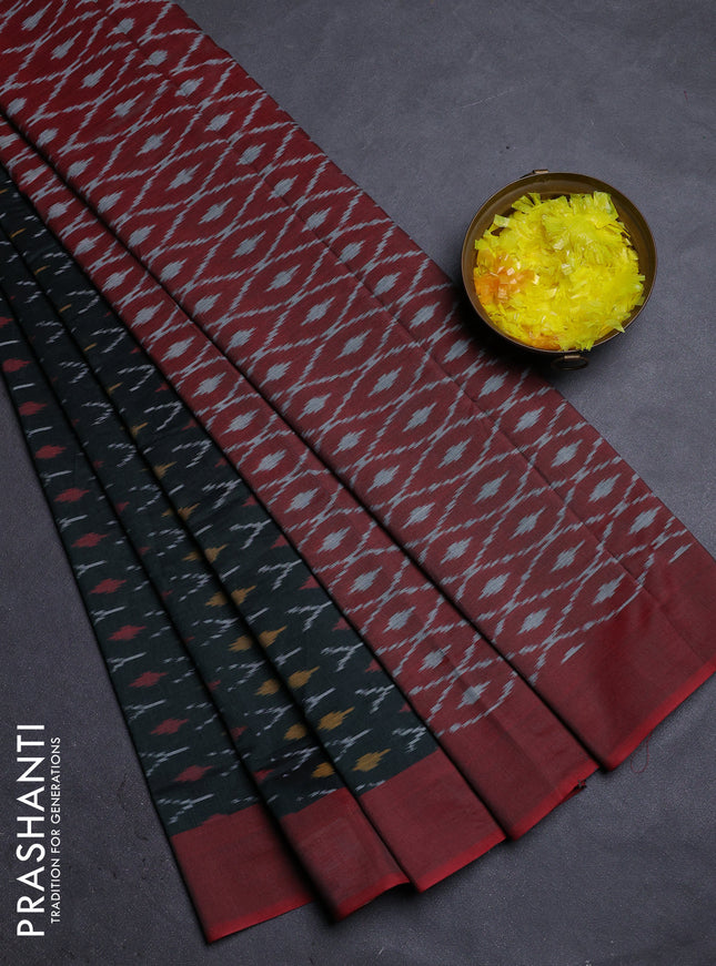 Ikat cotton saree botte green and red with allover ikat weaves and simple border
