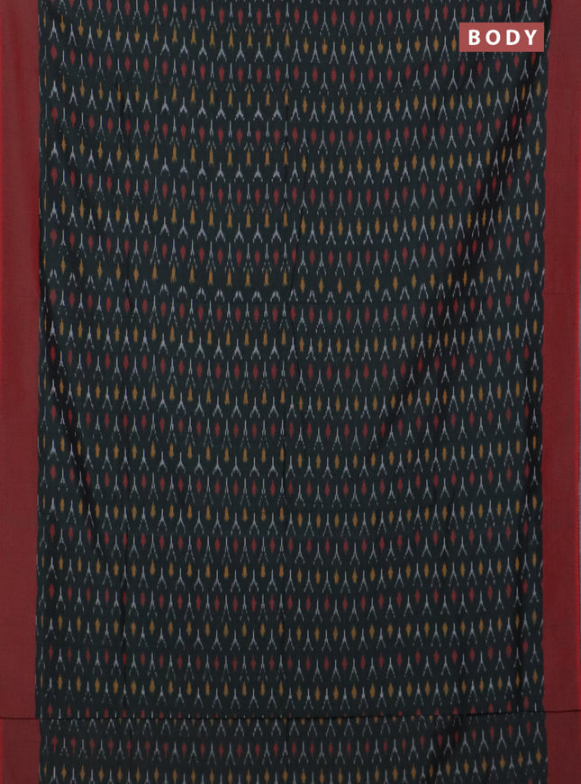 Ikat cotton saree botte green and red with allover ikat weaves and simple border