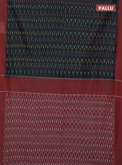 Ikat cotton saree botte green and red with allover ikat weaves and simple border