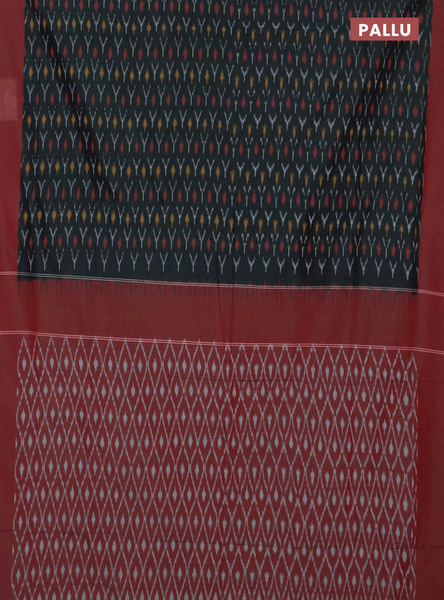 Ikat cotton saree botte green and red with allover ikat weaves and simple border