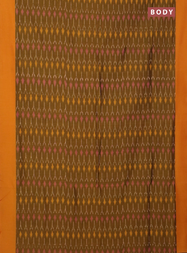 Ikat cotton saree dark mustsrd and yellow with allover ikat weaves and simple border