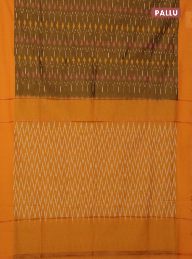 Ikat cotton saree dark mustsrd and yellow with allover ikat weaves and simple border