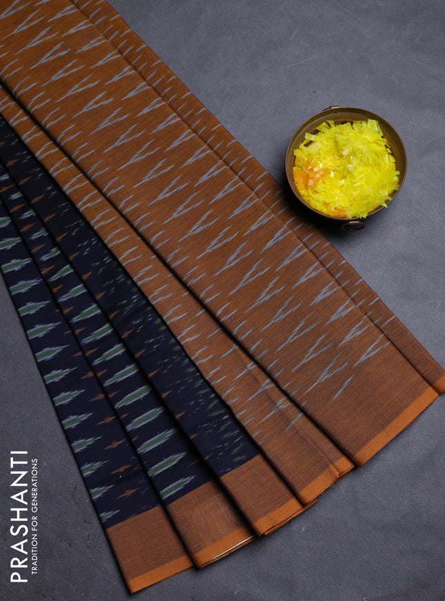 Ikat cotton saree navy blue and dark mustard with allover ikat weaves and simple border
