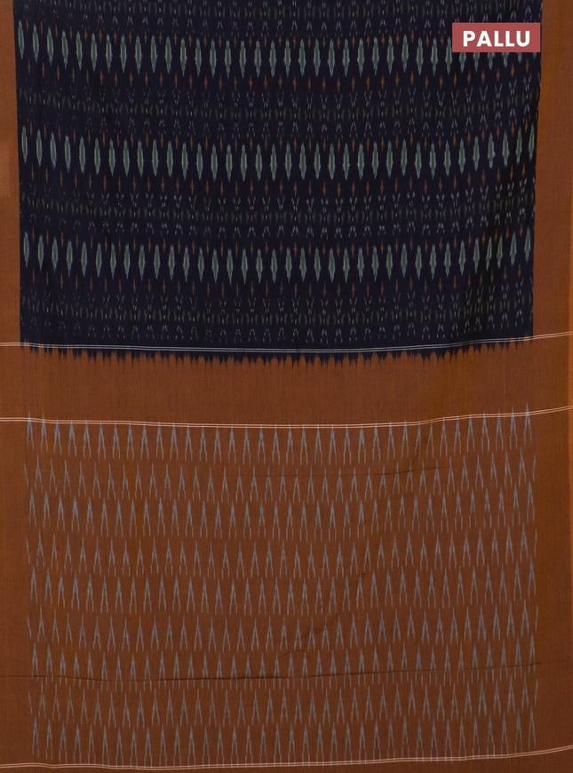 Ikat cotton saree navy blue and dark mustard with allover ikat weaves and simple border