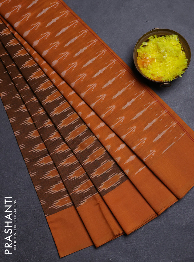 Ikat cotton saree dark mustard and mustard yellow with allover ikat butta weaves and simple border