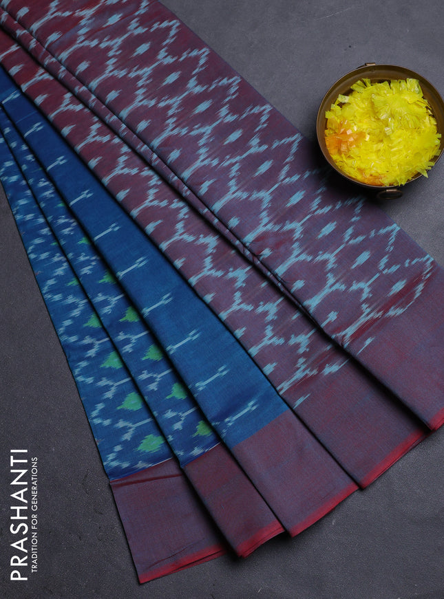 Ikat cotton saree cs blue and dual shade of maroon with allover ikat weaves and simple border