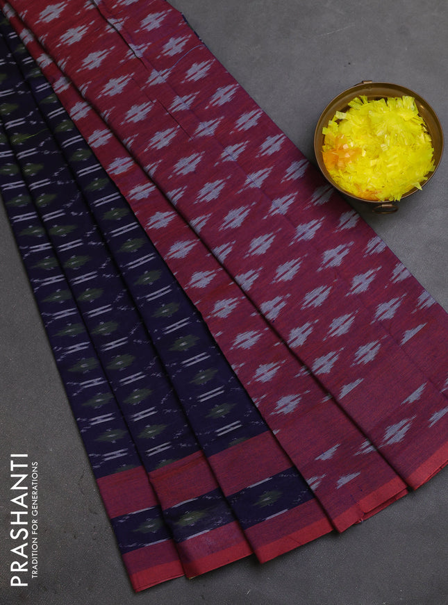 Ikat cotton saree navy blue and maroon with allover ikat weaves and rettapet ikat border