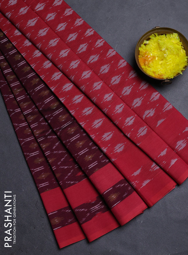 Ikat cotton saree wine shade and red with allover ikat weaves and rettapet ikat border