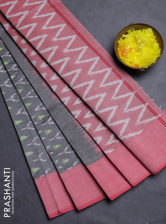 Ikat cotton saree grey and red shade with allover ikat weaves and simple border