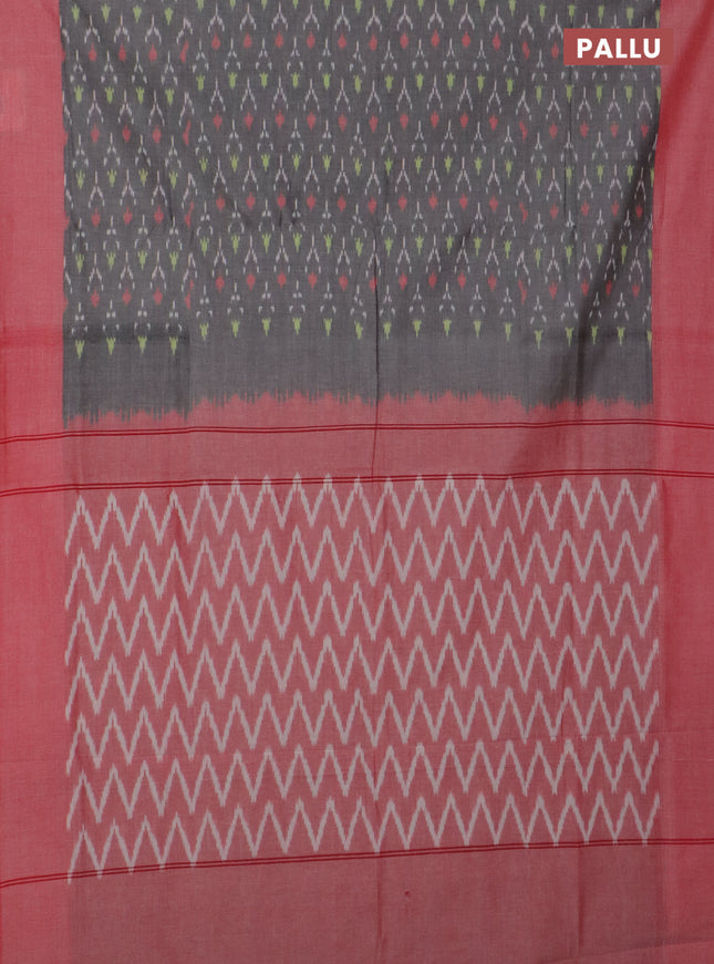 Ikat cotton saree grey and red shade with allover ikat weaves and simple border