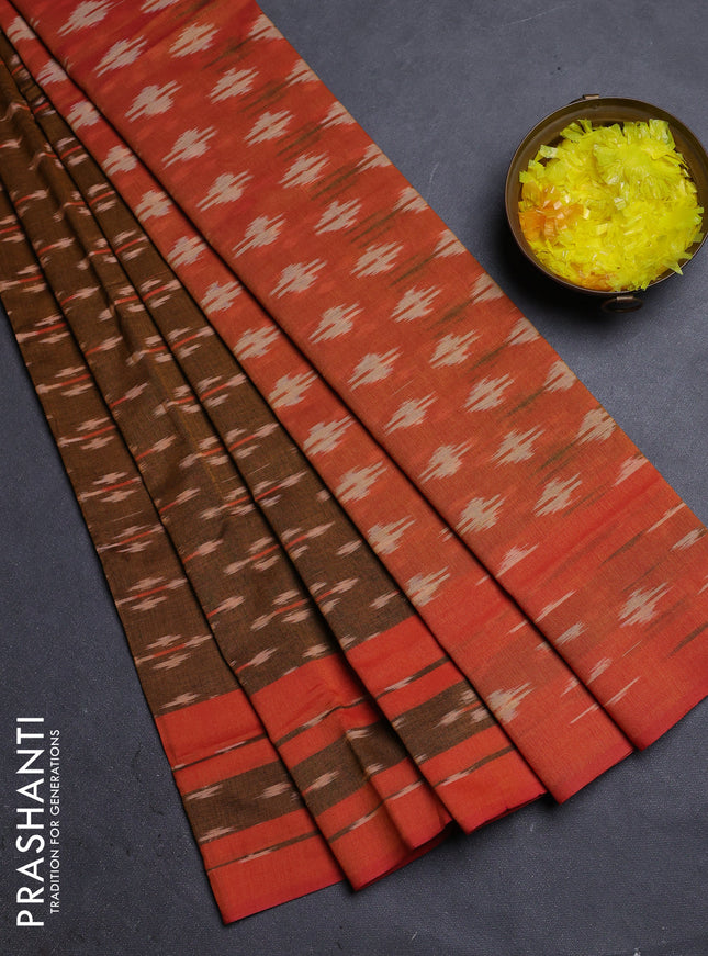 Ikat cotton saree dark mustard and dual shade of orange with allover ikat butta weaves and rettapet ikat border