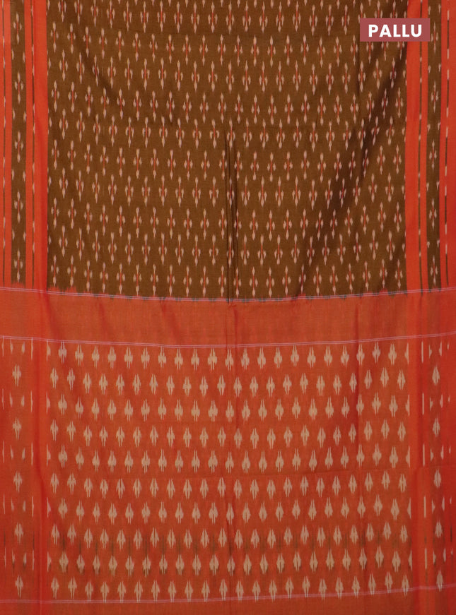 Ikat cotton saree dark mustard and dual shade of orange with allover ikat butta weaves and rettapet ikat border
