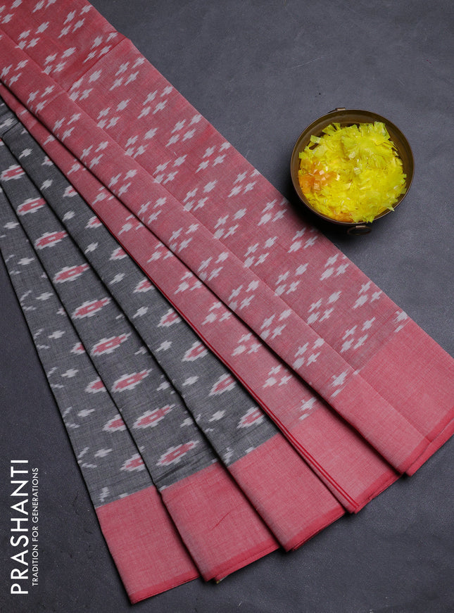 Ikat cotton saree grey and red with allover ikat weaves and simple border